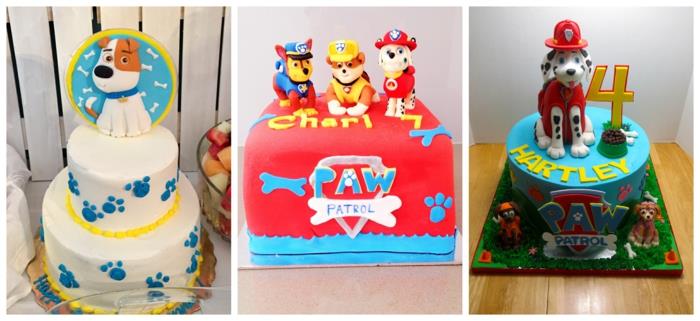 junaki paw patrol, bela glazura z modrimi tacami, rdeča in modra torta, 4 -letna otroška torta