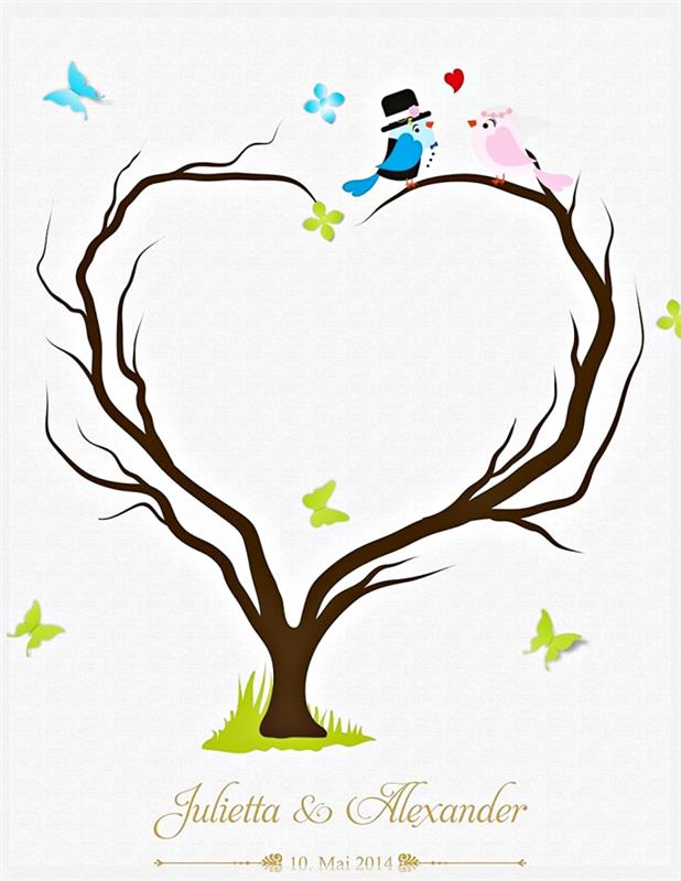 nekaj zaljubljenih ptic in drevo z vejami v obliki srca kot simbol večne ljubezni