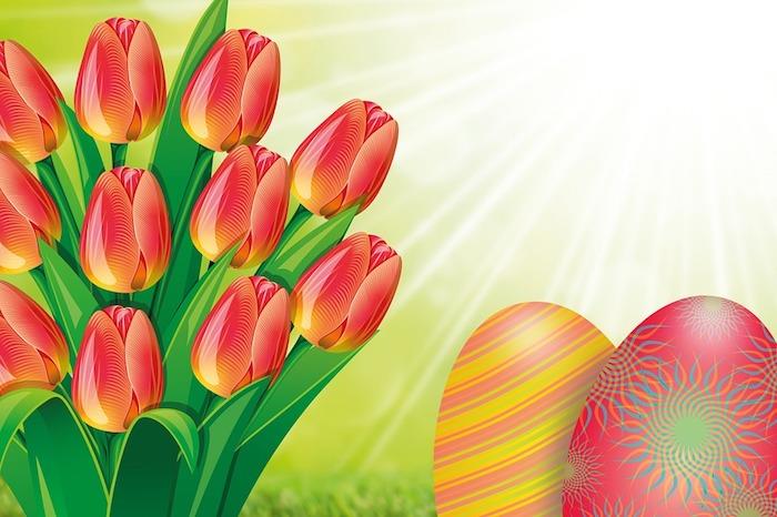 Tulpių piešimas, spalvingas piešinys Velykų kiaušiniai, Velykų nuotrauka, linksmų Velykų atvirukas, pavasario grožio vaizdas