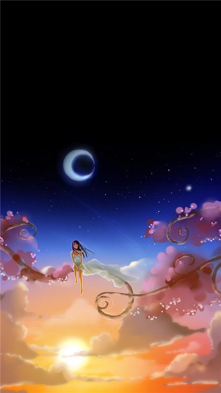 Sfondi tumblr, disegno colorato di una ragazza, mezza luna di notte