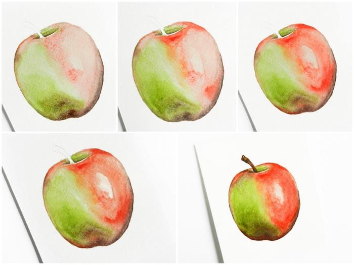preprosta tehnika izdelave jabolka v akvarelu s svetlobnimi odsevi, tihožitje v slikanju z akvarelom