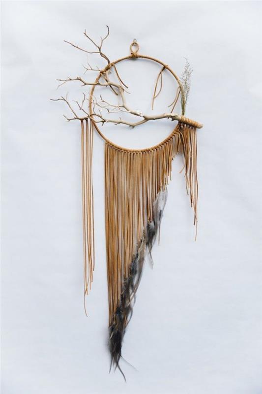 DIY tree of life dreamcatcher tutorial stenski viseči krog les rjava vrvica črno perje lesne veje