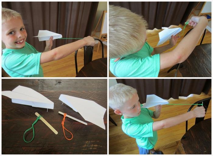 kaip pasigaminti skraidantį popierinį lėktuvą, lengvą origami lėktuvą, varomą elastiniu paleidikliu