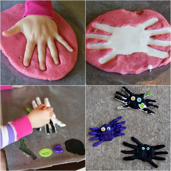 Kendiliğinden sertleşen hava macunundan yapılmış çocuk el izlerine sahip cadılar bayramı örümcekleri, kolay ve eğlenceli anaokulu cadılar bayramı DIY