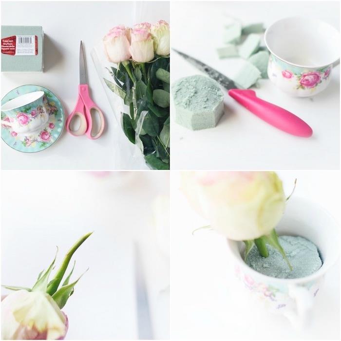 poročni dekor, ki ga naredite sami, cvetlična pena v skodelicah za čaj, v njem vrtnice v beli in roza barvi, enostavna vadnica