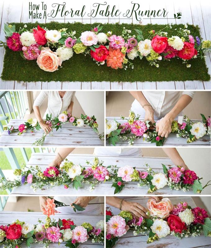 stalo dekoravimo idėja su gėlių vainiku, dirbtine žalia veja, rožėmis ir pastelinių spalvų jurginais, surinktais gėlių girliandoje