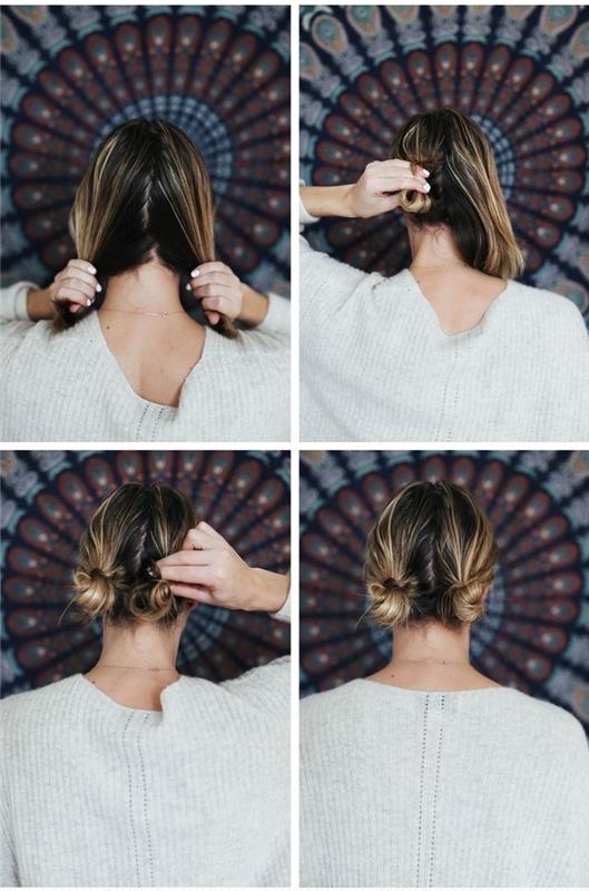 Boynun alt kısmında simetrik topuz kabarıklığı olan genç bir kız için kısa saç modeli eğitimi