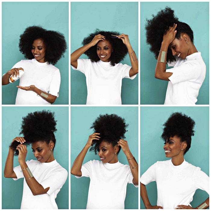 afro kadın saç modeli doğal saçlarda afro bir görünüm elde etmek için öğretici, doğal saçlar için kolay ve hızlı saç modeli fikri