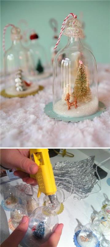 naredite snežno kroglo, enostavno naredite sami, da naredite miniaturni stekleni zvon, ki ga obesite na božično drevo, iz plastičnega stekla za vino