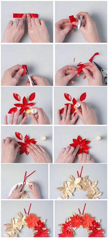 lankstymo ir pjovimo žingsniai, norint padaryti gražią poinsettia gėlę, papuošiančią eglutę ar kalėdinį vainiką, kalėdiniai amatai su popieriumi