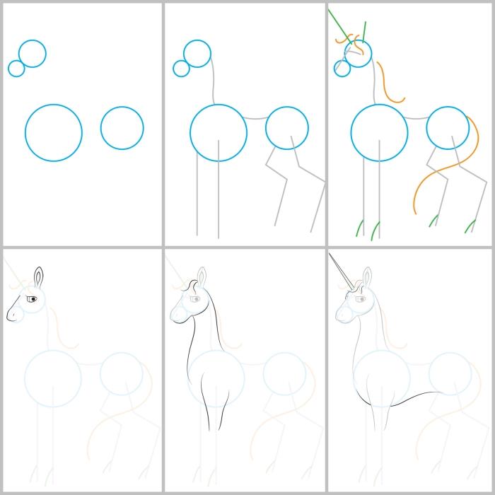 üç temel daireden başlayarak tek boynuzlu at nasıl çizilir, çizimi yeniden oluşturmak için adım adım ayrıntılı bir adım izleyin