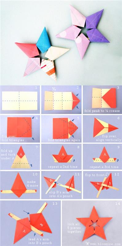 orijinal çok renkli yıldız origami modeli, fotoğraflardaki adımlarla güzel bir origami modeli yapmak için katlanır levha