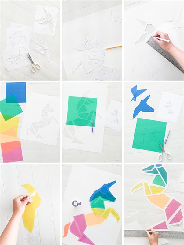 kako narediti vitraž iz samoroga deco iz pisanih geometrijskih kosov