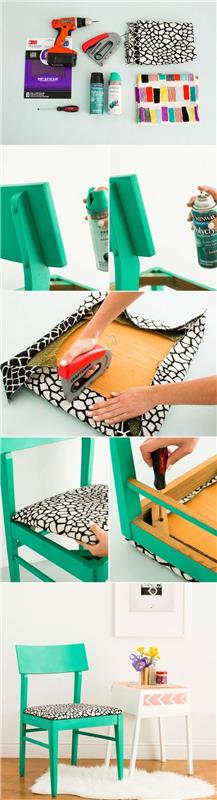 obnovite lisasti stol z nekaj potezami zelene barve, sedež prekrit s črno -belo tiskano tkanino