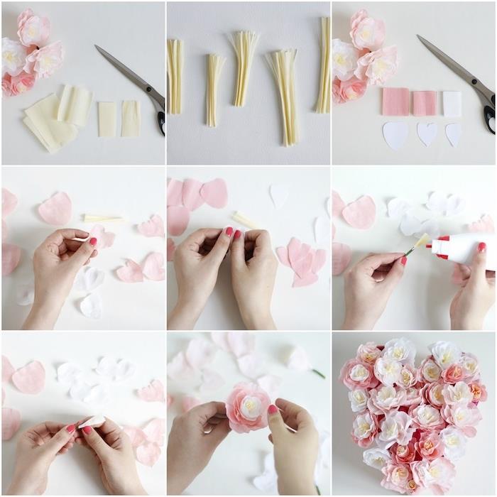 romantik bir buket oluşturmak için saçaklı sarı kağıt kalp ve beyaz ve pembe yaprakları olan bir krepon kağıt çiçek öğretici örneği