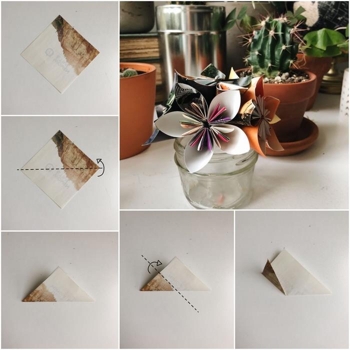 lengva origami pamoka su pagrindinėmis raukšlėmis, kad padarytumėte gėlę su keturiais žiedlapiais