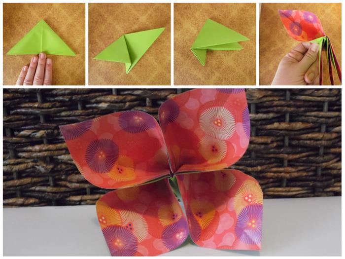 nesudėtingi lankstymo veiksmai, kaip padaryti origami gėlę su keturiais žiedlapiais gėlių rašto popieriuje, gėlių origami pamoka