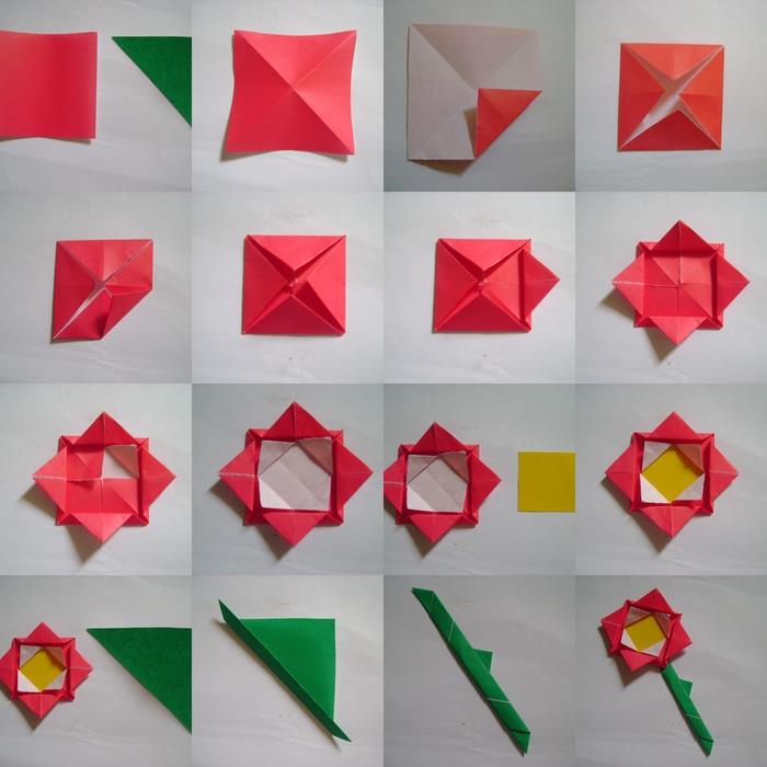lengvų pavasario amatų idėja, žingsnis po žingsnio stilizuotos rožės formos origami gėlė
