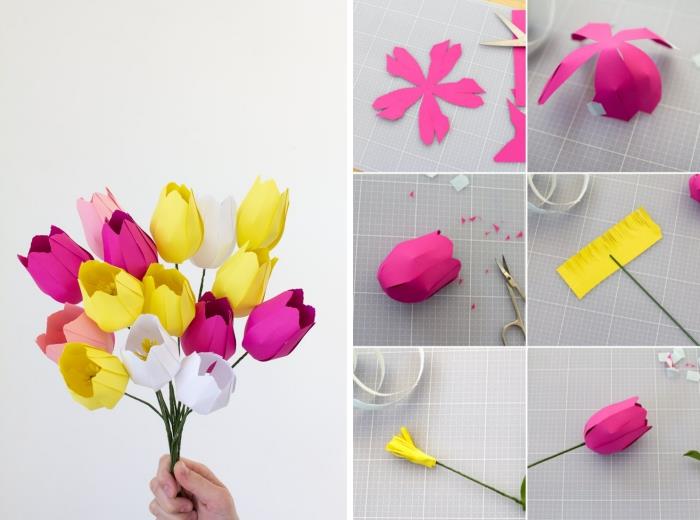 „Pasidaryk pats“ lengva origami popierinė gėlė, kaip padaryti origami gėlių puokštę su rausvos ir geltonos spalvos popierinėmis tulpėmis