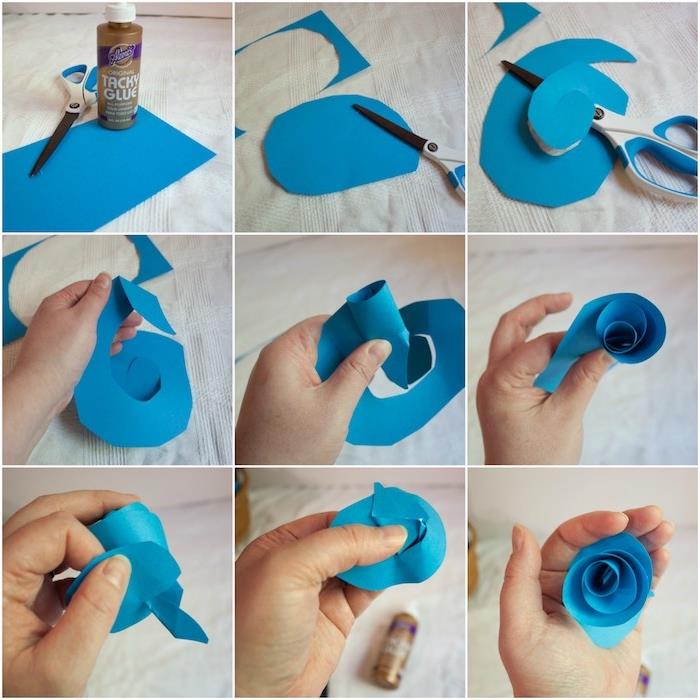 mavi kağıt çiçek öğretici örneği, kendi üzerine sarılmış mavi bir kağıt şeridinden yapılmış mavi bir gül