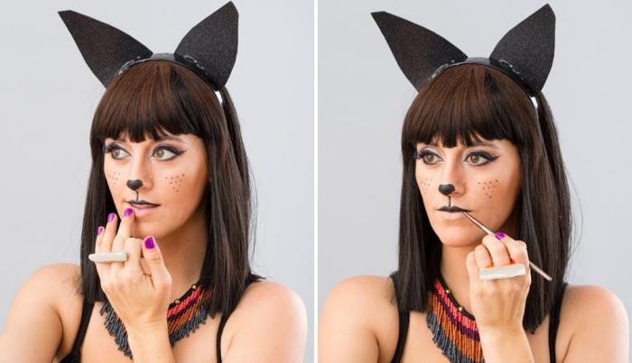 pavyzdys, kaip piešti ant veido akių pieštuku ar juodu pieštuku, padaryti katės veidą paprastam Helovino makiažui