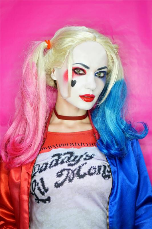 kako narediti enostavne ličila za noč čarovnic, ki jih navdihuje lik harley quinn, izvirna ideja par kostuma za zabavo za noč čarovnic