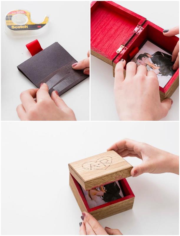 originali idėja dovanai Valentino dienai pasigaminti patiems, personalizuota mini medinė dėžutė su akordeono poros nuotraukų albumu