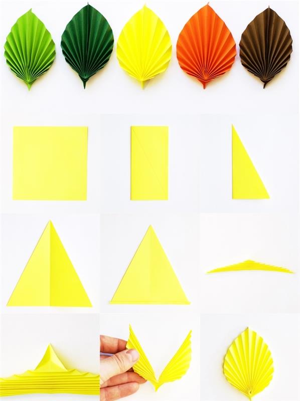 güzel bir çelenk veya dekoratif bir çelenk yapabileceğiniz renkli yaprakların origami katlanması