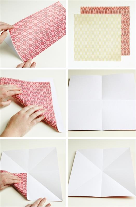 dovanų paketo pamokos pavyzdys, origami lankstymo technika, skirta dovanų dėžutei pagaminti iš raudono ir balto popieriaus