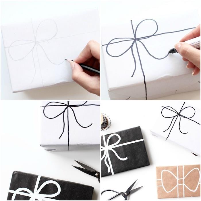 pasigaminkite dovanų paketą patys, dovanų idėja, įvyniota į juodą, baltą ir kraftpopierių su juostelės lanko raštu, nupieštu baltu arba juodu veltiniu