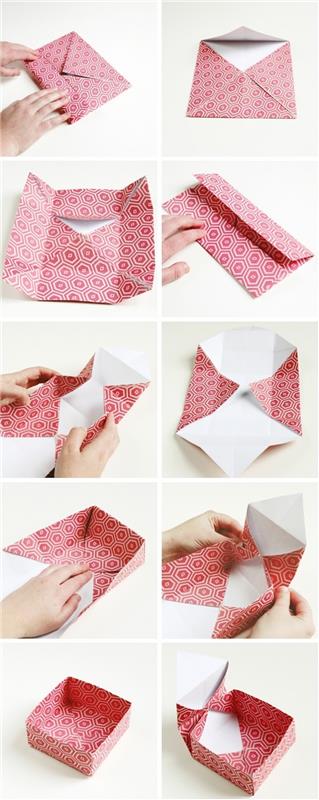 antrasis „origami“ paketo vadovo žingsnis - sukurti raudonos ir baltos spalvos popieriaus dėžutę, paprastą lankstymą, japonišką techniką