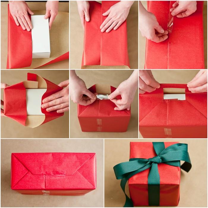 kako zaviti darilo, klasična tehnika, zlaganje rdečega papirja za zavijanje škatle v obliki kocke