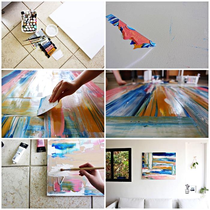 pembe ve mavi tonlarında büyük bir soyut tuval yapmak için akrilik resim eğitimi, oturma odası duvarını süslemek için kendin yap sanat resmi