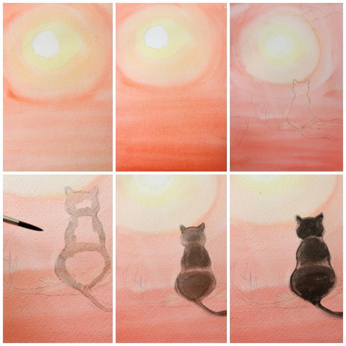 vadba slikanja z akvarelom za začetnike, slikarstvo za slikanje črne mačke, ki stoji na veji, obrnjeni proti polni luni