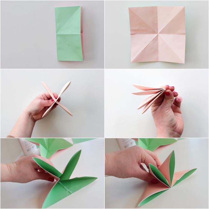 paprasta sulankstymo pamoka, kaip padaryti gražią jurginų gėlę origami popieriuje, originali origami gėlių puokštės idėja
