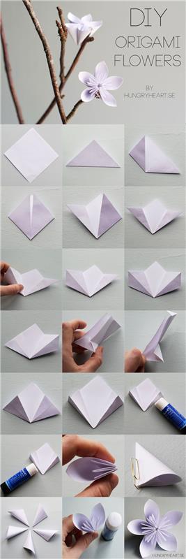 estetiškas ir harmoningas kusudama origami gėlės sulankstymas, idėja papuošti žydinčią šaką, papuoštą origami gėlėmis