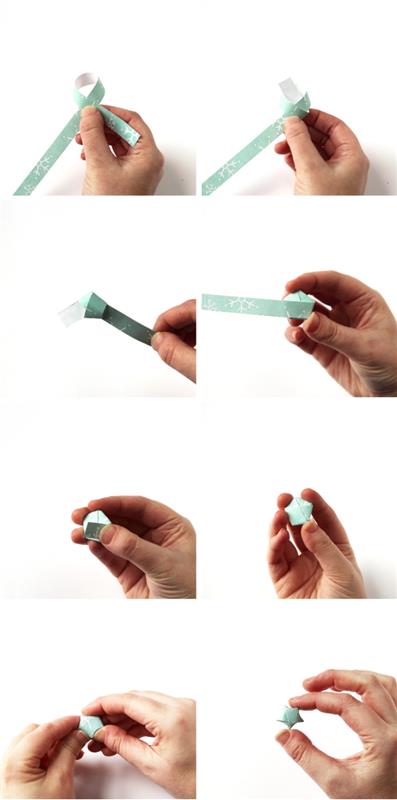 sulankstytos origami žvaigždės popieriaus juostelės popierinei Kalėdų girlianda, kaip padaryti origami Kalėdų žvaigždę