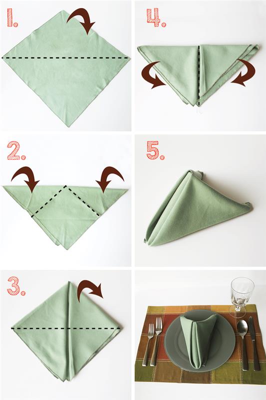 prašmatnios ir lengvai pasidaryk pats servetėlės, sulankstytos šviesiai žalios spalvos audinio servetėlėse, originali stalo dekoravimo idėja
