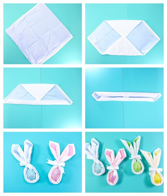 kaip padaryti velykinio zuikio servetėlės ​​raukšlę su skirtingų spalvų audinių servetėlėmis ir plastikiniais Velykų kiaušiniais