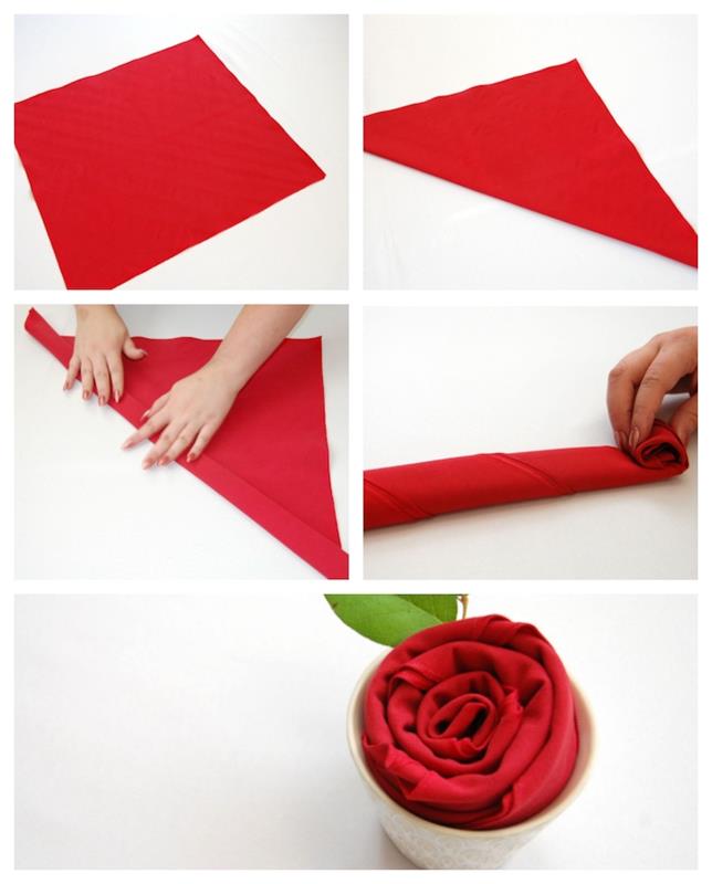 gėlių servetėlių lankstymo pamoka, kaip pasidaryti rožę iš raudonos audinio servetėlės ​​arbatinuke