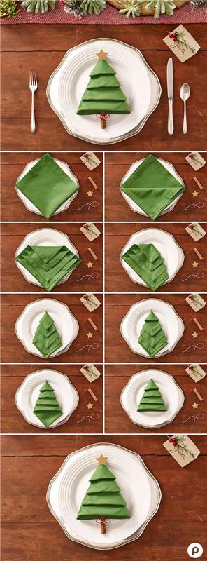 paprastos kalėdinės servetėlės ​​pavyzdys žalios Kalėdų eglutės pavidalu su cinamono lazdele