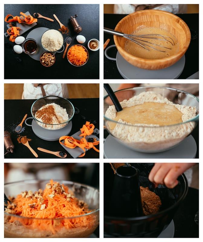 pamoka, kaip pasigaminti morkų pyragą su quinoa ir migdolų miltais su kiaušiniais ir be cukraus