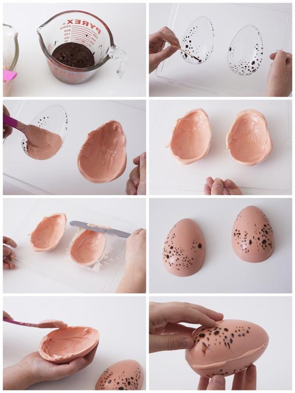 enostavna dekoracija velikonočnih gnezd iz rožnatih oblikovanih jajc, enostavna tehnika oblikovanja pegastih velikonočnih jajc v stopljeni čokoladi