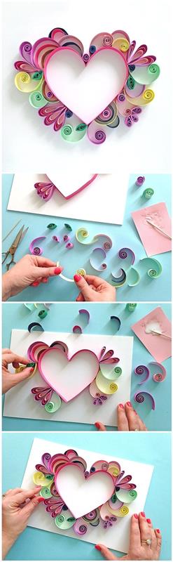 Quilling bir kalple süslenmiş Anneler Günü için oldukça kişiselleştirilmiş tebrik kartı, alışılmadık bir kart oluşturmak için Anneler Günü etkinliği