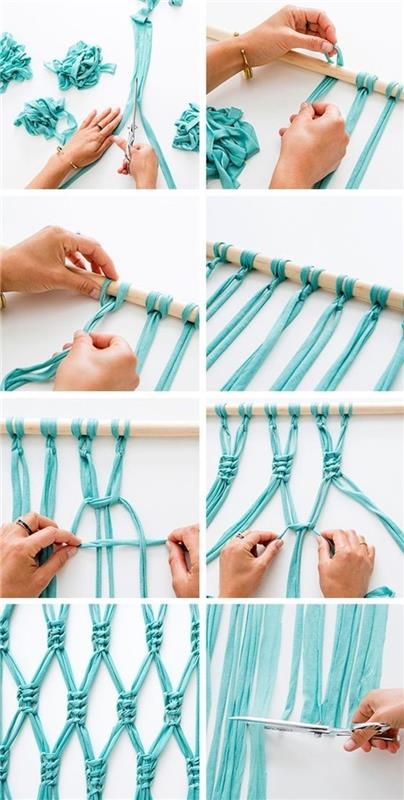 tehnični makrame, turkizna vrv, vejica, škarje, diy macrame, vadnica za zavese