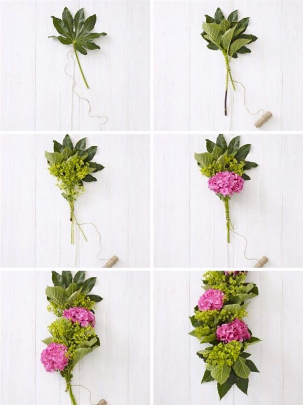 Tavole natalizie, foglia verde legata con filo, tutorial con fiori