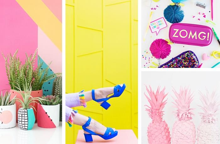 rankų darbo idėja mergaitėms, personalizuotų purpurinių džinsų pavyzdys su pompomine puošmena, rožinės spalvos ananasų figūrėlės