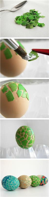 yeşil boyalı yumurta kabuğu parçaları ile yumurta nasıl süslenir, yumurta ile zanaat fikri, öğretici