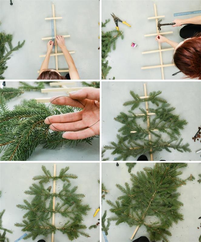 ahşap plakalar ile bir Noel ağacı nasıl yapılır öğretici yeşillik çam dalları çivi çakma