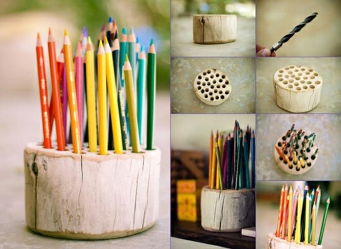 pamoka-kaip padaryti medinį pieštuko puodą su skylutėmis-rąstiniame-kaimiškame rašomojo stalo dekoro idėjoje